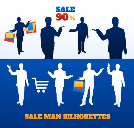 Vector silhouettes of men sellers with paper bags in their hands. conceptual illustration of business and sales. man the seller offers the buyer a discountのイラスト素材