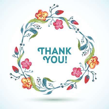 THANK YOU watercolor floral wreath on white backgroundのイラスト素材