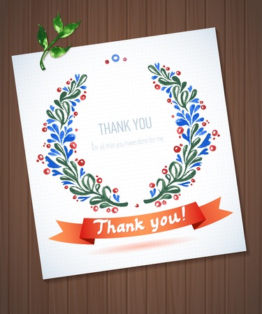 THANK YOU watercolor floral wreath with ribbon  on wood planks Greeting card backgroundのイラスト素材