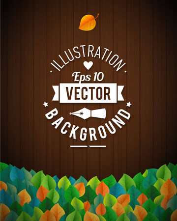 Natural background with wooden board and leaves. Vector EPS 10 illustration. Wooden planks ans orange and green leaves のイラスト素材