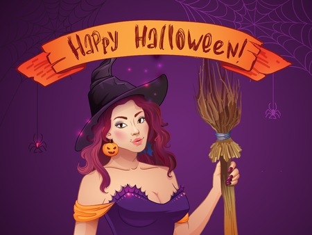 Pretty Witch Halloween. Sexy girl with a broom and a hat. Greeting card Happy Halloween. Web and ribbon with the inscription のイラスト素材