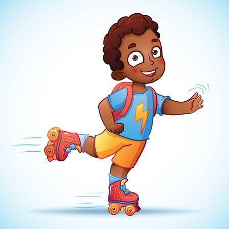 African American Boy riding on roller skates. happy child enjoy the speedのイラスト素材