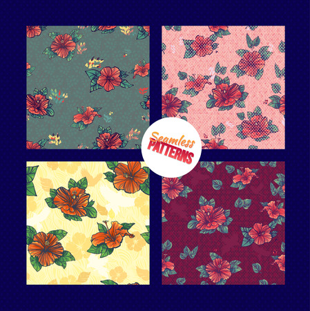Hawaiian hibiscus seamless pattern set. Aloha Seamless Background Pattern set on wooden  background.のイラスト素材