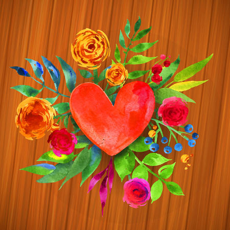 Vintage background with flowers in love and flower heart, Beautiful watercolor floral heart. Love Heart icon.  Summer botanical elements. Love card with watercolor floral bouquet.のイラスト素材