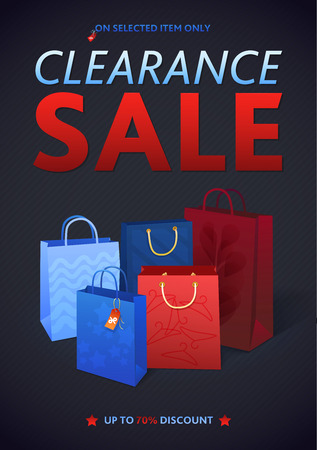 Clearance Sale Poster with percent discount. Illustration of paper shopping bags and lights.のイラスト素材