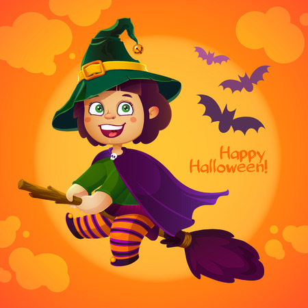 Happy Halloween Witch Girl Flying on Broom. Greeting Card with Bat and Moonのイラスト素材