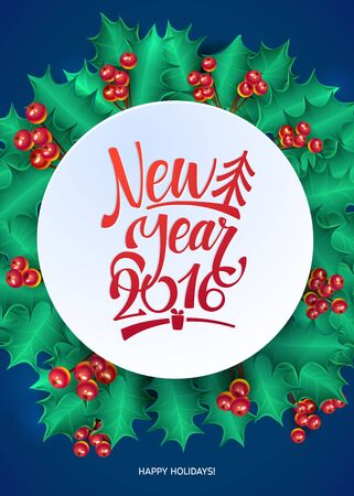 Happy New Year CalligraphyHolly Wreath Card. Vector illustration. Greeting card template.のイラスト素材