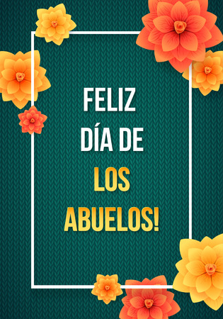 Happy Grandparents Day Greeting Card. Spanish Calligraphy Poster on Green Knitted Background with Frame and Flowers.のイラスト素材
