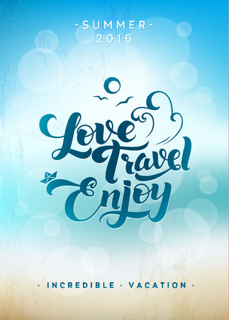 Love. Travel. Enjoy. Calligraphic Summer Blue Posterのイラスト素材