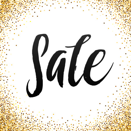 Sale Calligraphy Poster Golden Glitter Background. Gold sale background for flyer, poster, shopping, for sale sign, discount, marketing, selling, banner. Gold sparkles on white background.のイラスト素材