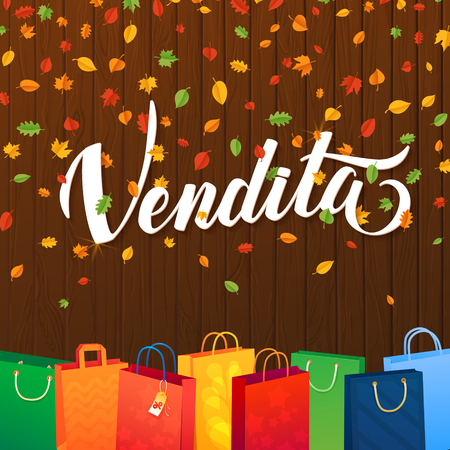 Sale Italian Hand lettering Design Template with Shopping Bag. Leaf Typography Wood Vector Background, Handmade calligraphyのイラスト素材