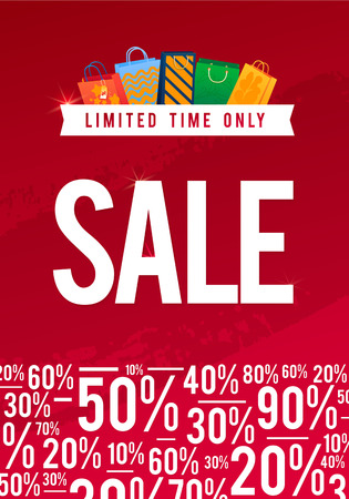 Sale Poster with percent discount illustration. Paper shopping bags and lights. Spesial Offer.のイラスト素材