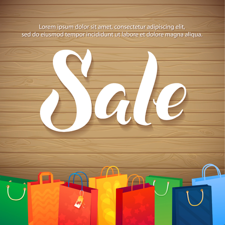 Sale Poster on Wood Background. Illustration of paper shopping bags and lights. Spesial Offer.のイラスト素材