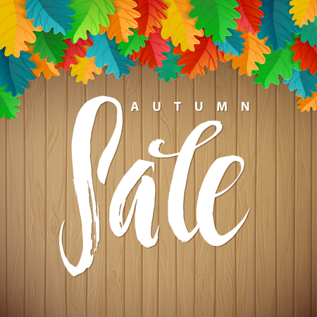 Sale Poster with percent discount. Oak colorful leaf. Illustration of paper shopping bags and lights. Spesial Offer.のイラスト素材