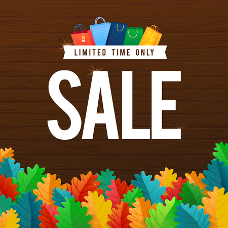 Sale Poster with percent discount. Oak colorful leaf. Illustration of paper shopping bags and lights. Spesial Offer.のイラスト素材