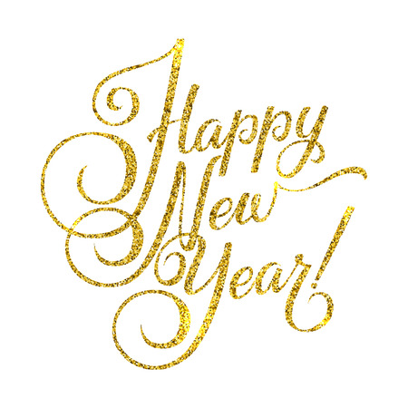 Gold Happy New Year Card. Golden Shiny Glitter. Calligraphy Greeting Poster Tamplate. Isolated White Background Glowing Illustrationのイラスト素材