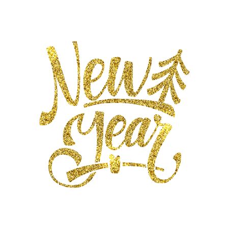 Gold Happy New Year Card. Golden Shiny Glitter. Calligraphy Greeting Poster Tamplate. Isolated White Background. Glowing Illustrationのイラスト素材