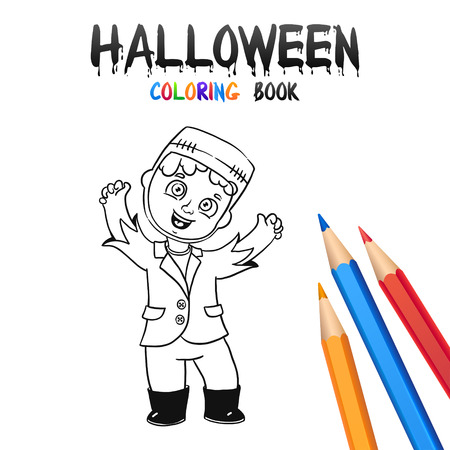 Cheerful Boy in Halloween Costume Frankenstein. Halloween Coloring Book. Illustration for children vector cartoon character isolated on white background.のイラスト素材