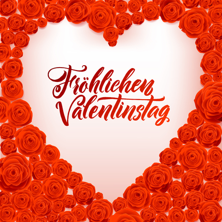 Happy Valentines Day German Language Card. White Heart Shape on Rose Flowers Background. Wedding Posterのイラスト素材