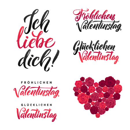 I Love You. Happy Valentines Day. German Black and Pink Lettering Set. Greeting Card White Background. Hand Drawn Calligraphy. Lovely Poster.のイラスト素材