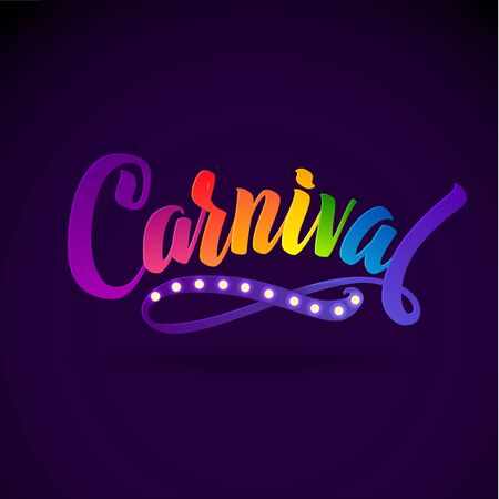 Carnival Calligraphy Inscription Rainbow Colors. Lamp Lights. Celebration Festive Illustration on Violet Backgroundのイラスト素材