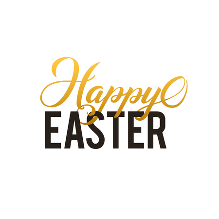 Happy Easter Calligraphy Greeting Card. Modern Brush Lettering. Joyful wishes, holiday greetings. Golden and Black Letters, White Backgroundのイラスト素材