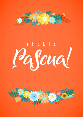 Happy Easter Spanish Calligraphy Greeting Card. Modern Brush Lettering and Floral Wreaths. Joyful wishes, holiday greetings.のイラスト素材