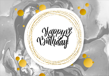Happy Birthday Black Marble Texture Card. Shimmer Golden Banner Template on White Background. Vector Illustration Gold Foil Glitter Frameのイラスト素材