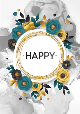 Rose Flower Poster Design. Grey Marble Texture Card. Shimmer Golden Banner Template. Vector Illustration Gold Foil Glitter Frameのイラスト素材