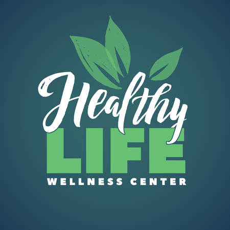 Health Life Wellness Center Vector Logo. Stroke Green Leaves Illustration. Brand Lettering.のイラスト素材