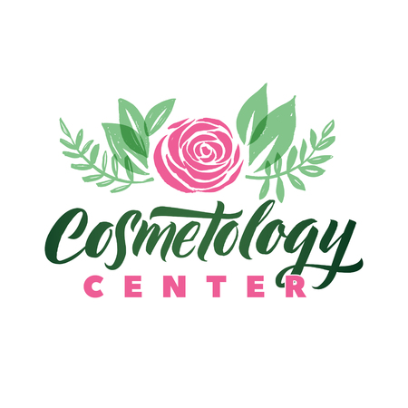 Cosmetology Center Vector Logo. Stroke Pink Rose Flower Illustration. Brand Letteringのイラスト素材