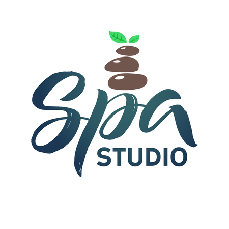 SPA Studio Vector Logo. Stroke Green Leaf Illustration. Brand Lettering.のイラスト素材