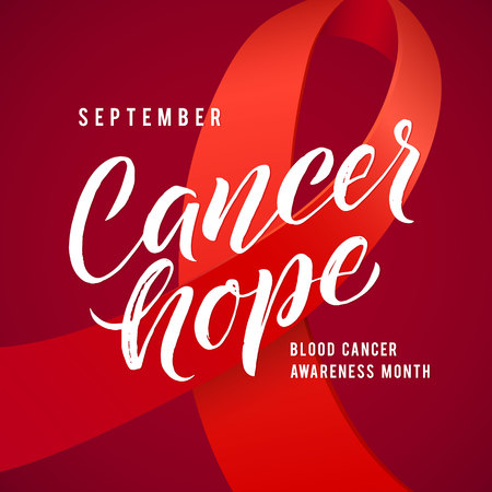 Cancer hope. Blood Cancer Awareness Label. Vector Tamplate with Red Ribbon - Symbol of Cancer Fightのイラスト素材