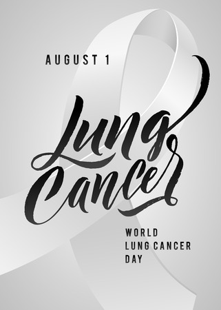 Vector Calligraphy Poster. Grey White Awareness Ribbons of Lung Cancer Vector illustration. World Lung Cancer Day August 1のイラスト素材