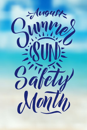 Poster Summer Sun Protection. August is Summer Sun Safety Month. Blurred Beach.のイラスト素材