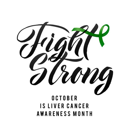 Vector Calligraphy Poster. Green White Awareness Ribbons of Liver Cancer Vector illustrationのイラスト素材