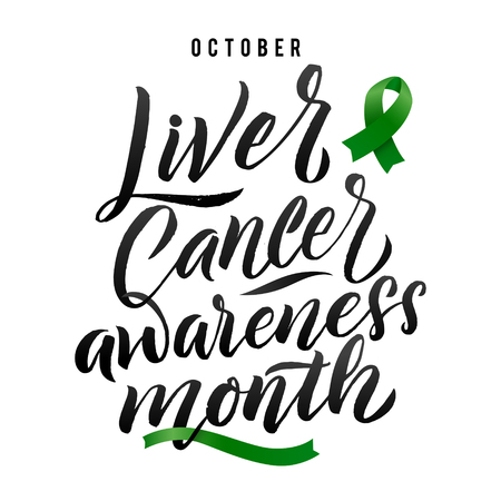 Vector Calligraphy Poster. Green White Awareness Ribbons of Liver Cancer Vector illustrationのイラスト素材