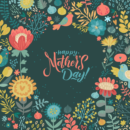 Happy Mothers Day Calligraphy Design on Floral Background. Vector illustration. Womans Day Greeting Calligraphy Design in Bright Colors. Template for a poster, cards, banner Vector illustration.のイラスト素材
