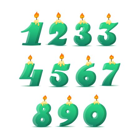 Set of colorful birthday candle numbers. Wick and fire. Vector illustrationのイラスト素材