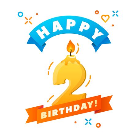 Happy Birthday Greeting Card. Colorful Birthday Candle and Ribbon. Wick and fire. Vector illustration. BOLD HAND DRAWN FONT.のイラスト素材