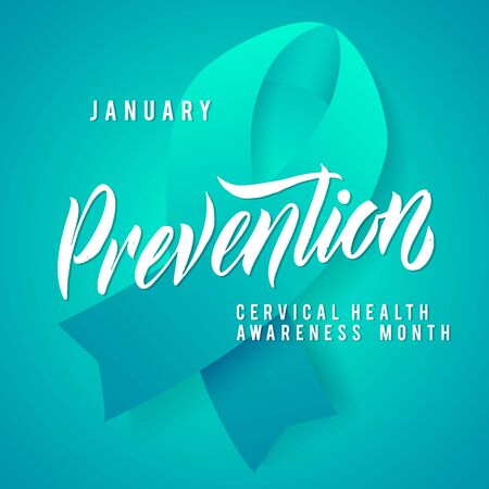 Prevention. Cervical Cancer Vector Illustration. Ribbon around letters. Vector Stroke White and Teal Ribbon. January is Cervical Cancer Awareness Month.のイラスト素材