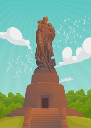 May 9 is a Russian holiday. Summer Sky landscape with War Monument "Soldier-liberator". Victory Day Illustration. Peaceful sky over the head.のイラスト素材