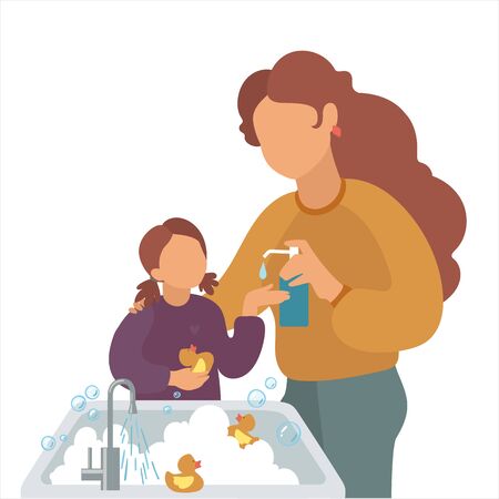 Mother washes the girl's hands with liquid soap. Vector illustration mom and daughter. Wash your hands and be healthy. Coronavirus alert.のイラスト素材