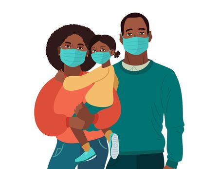Mother Father and daughter wear medical masks. Virus and disease prevention. Vector Family illustrationのイラスト素材