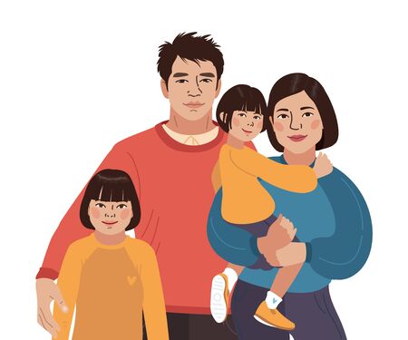 Asian smiling family portrait. Chinese mother, father and little daughters. Vector illustration simpleのイラスト素材