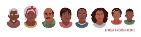 African American People Head Avatar Set. Different Characters. Man Woman and Children Portrait Cartoon Illustration. Children Adult and Older people Faces. Vector Illustration.のイラスト素材