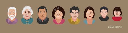 Asian People Head Avatar Set. Different Characters. Man Woman and Children Portrait Cartoon Illustration. Children Adult and Older people Faces. Vector Illustration.のイラスト素材