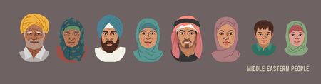 Middle Eastern Muslim People Head Avatar Set. Different Characters. Man Woman and Children Portrait Cartoon Illustration. Children Adult and Older people Faces. Vector Illustration.のイラスト素材
