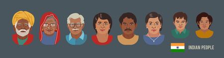 Indian People Head Avatar Set. Different Characters. Man Woman and Children Portrait Cartoon Illustration. Children Adult and Older people. Indian Faces. Vector Illustration.のイラスト素材