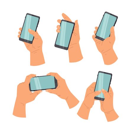 Hands of people holding phone and touch phone, business concept, flat design. Vector Illustrationのイラスト素材